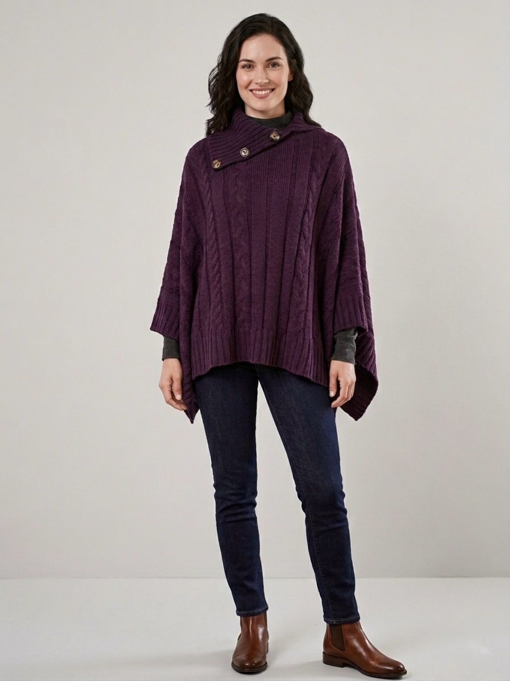 Anna & Ava Cable-Knit Asymmetrical Button Poncho Sweater – Dark Purple / Plum